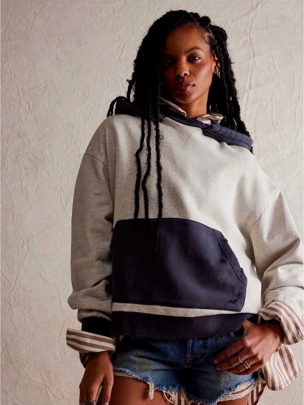 FOUND Distressed Two Tone Oversized Hoodie Navy Cream Sz M
